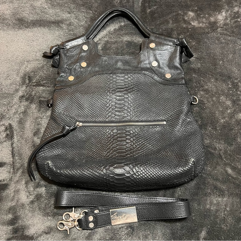 Foley & Corinna Black Snake Embossed faux vegan leather Handbag with Strap